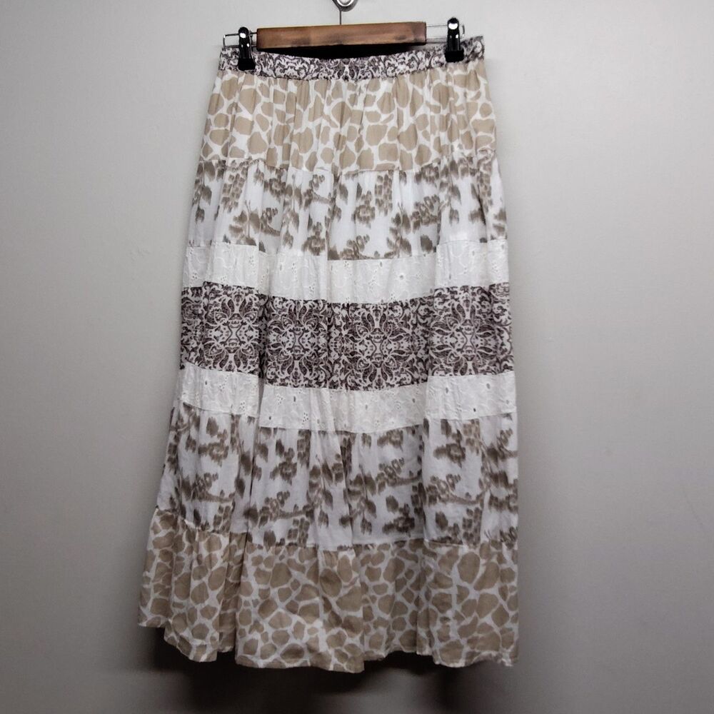 Vintage Elementz Petite Maxi Skirt Women PM Tan Animal Print Boho Whimsical
